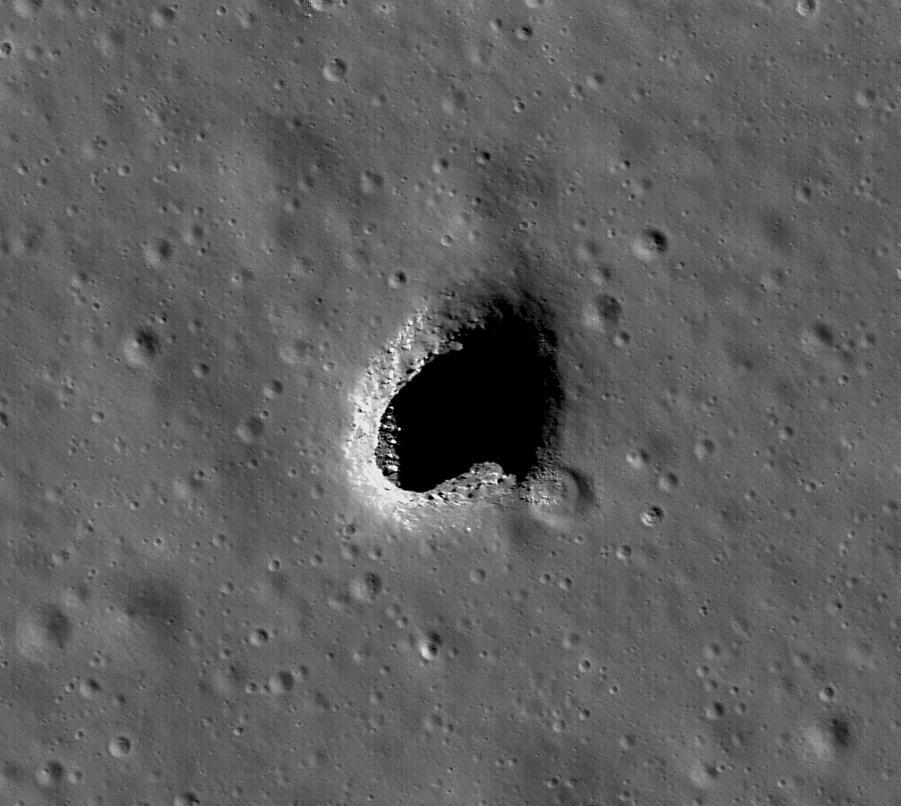 An image of a possible skylight pit in the Marius Hills, taken by the Lunar Reconnaissance Orbiter Camera. (NASA/Goddard Space Flight Center/Arizona State University)